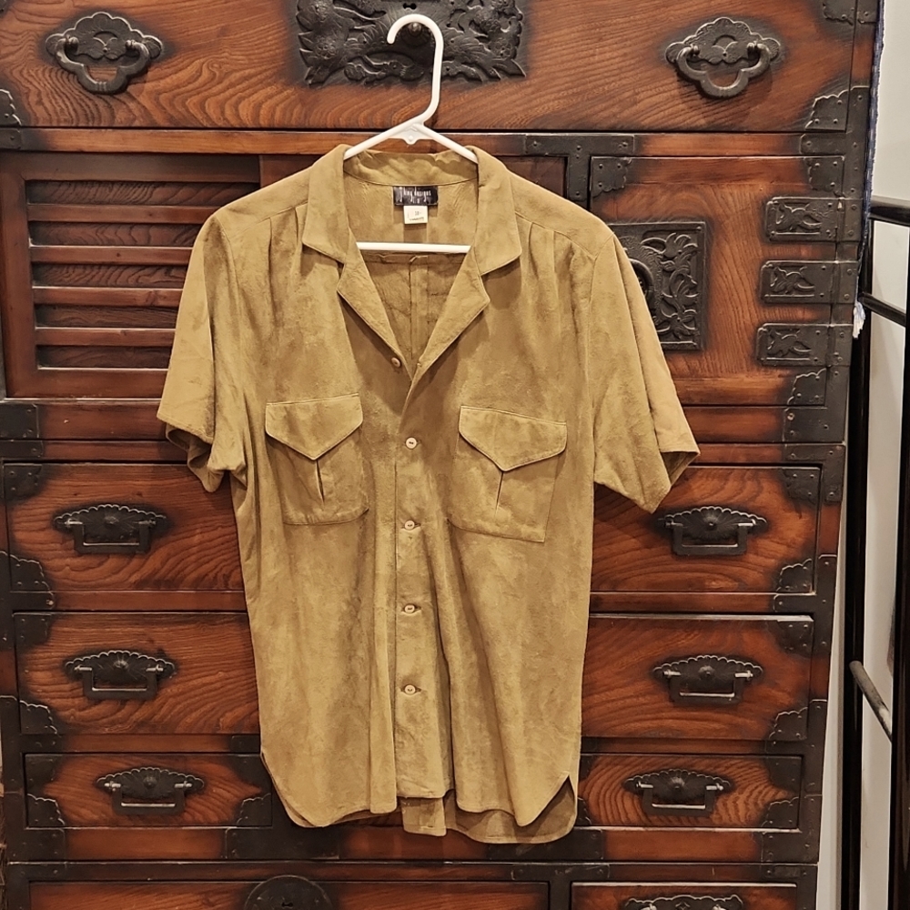 Men's j king designs olive suede camp shirt sz M/L